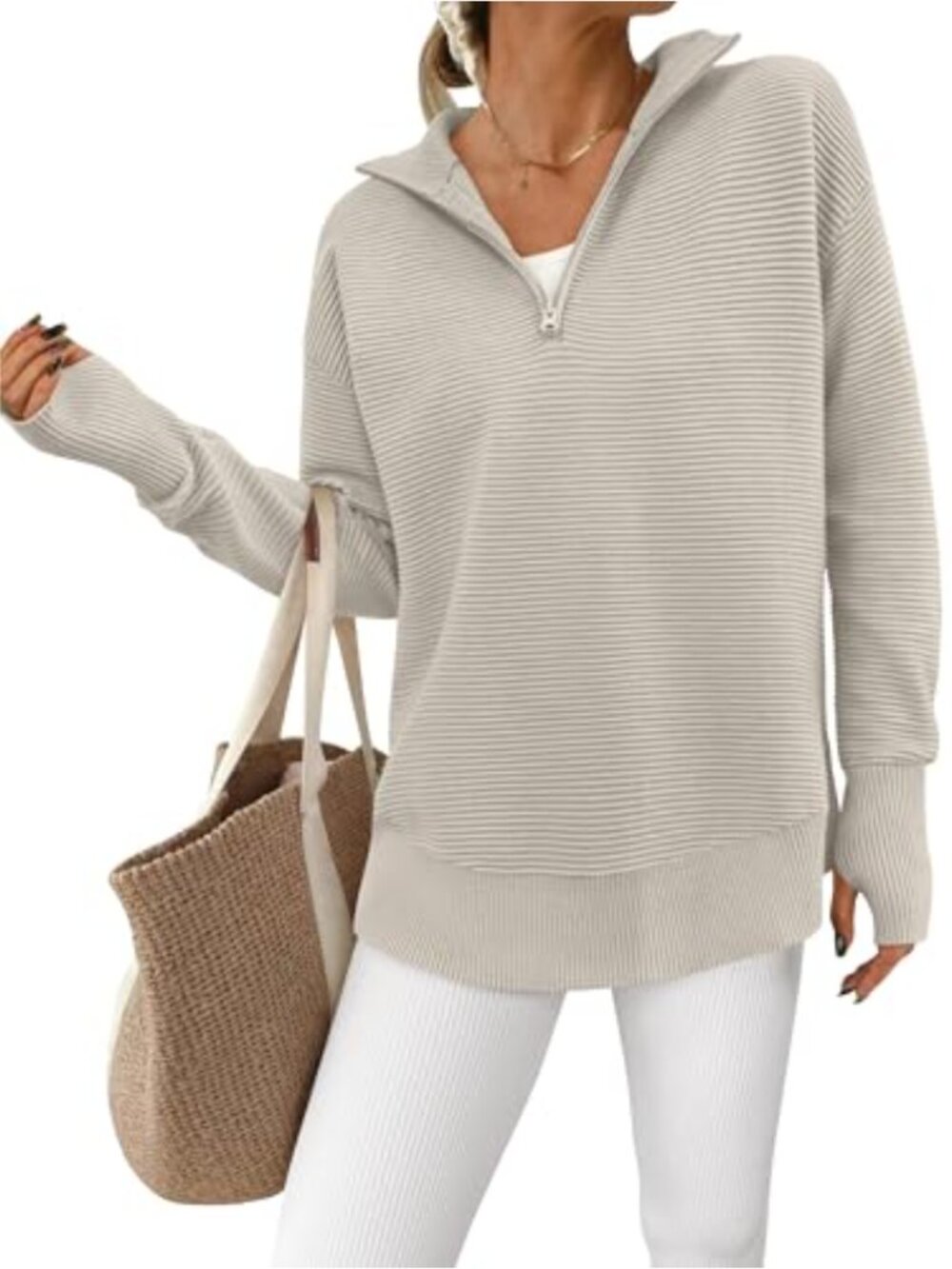 Womens Quarter Zip Pullover Sweater Ribbed Knit Thumb Hole V Neck